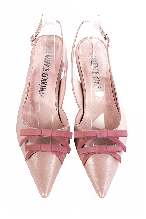 Powder pink women's open back shoes, with a knot. Pointed toe. High slim heel. Top view - Florence KOOIJMAN